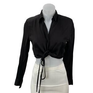 Zara Women's Black Long Sleeve Tie Hem V Neck Cropped Button Up Shirt Top Size M